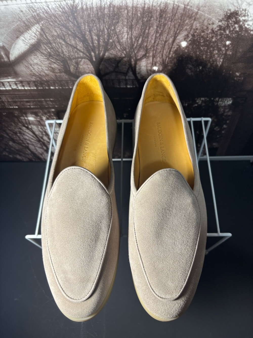 Luxury Baudoin &Lange men’s size “39”- 6 1/2 Light Taupe Suede Slip-On Loafers